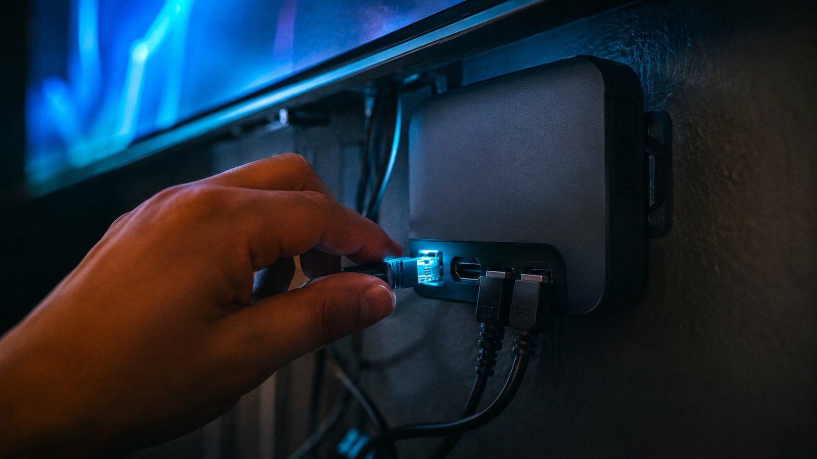An Ethernet cable being plugged into the back of a small streaming box behind a wall-mounted TV