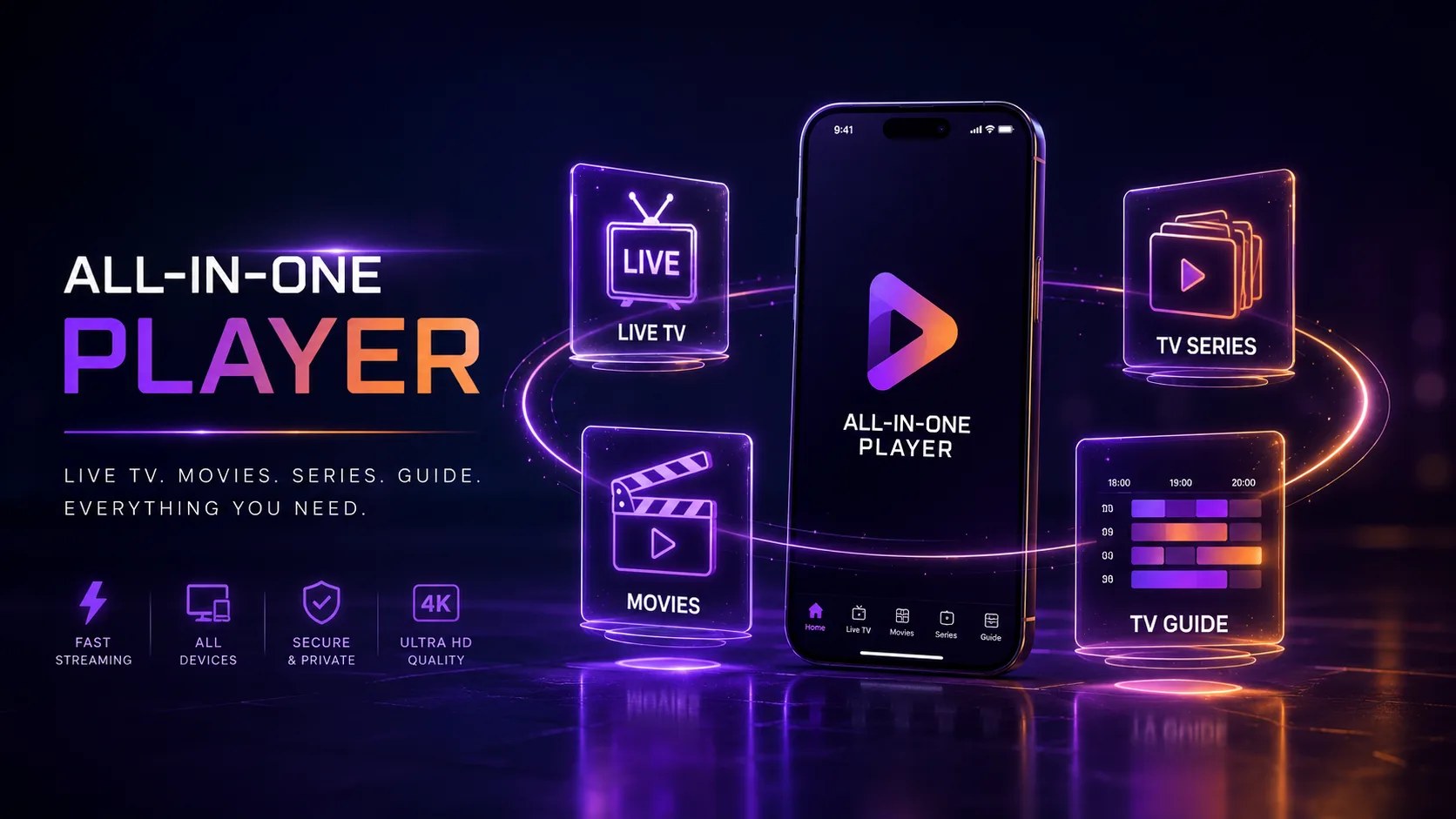 Smarters Player Lite all-in-one interface showing live TV, movies, series and the TV guide on a phone