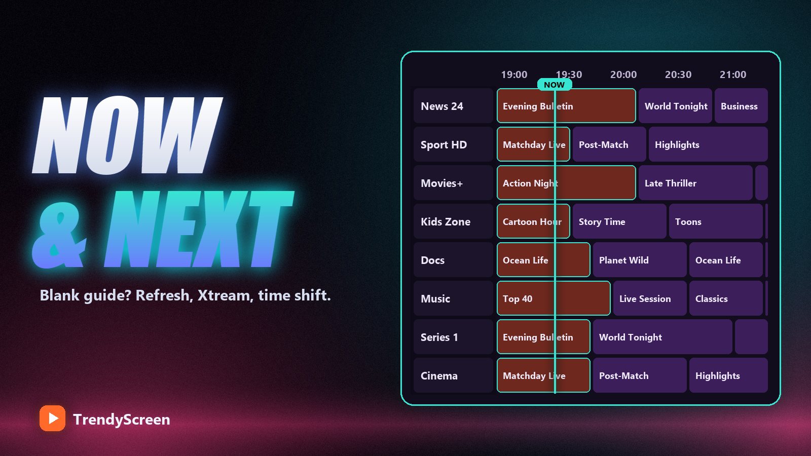 An IPTV TV guide grid with channels down the side, times across the top and a line marking the current time