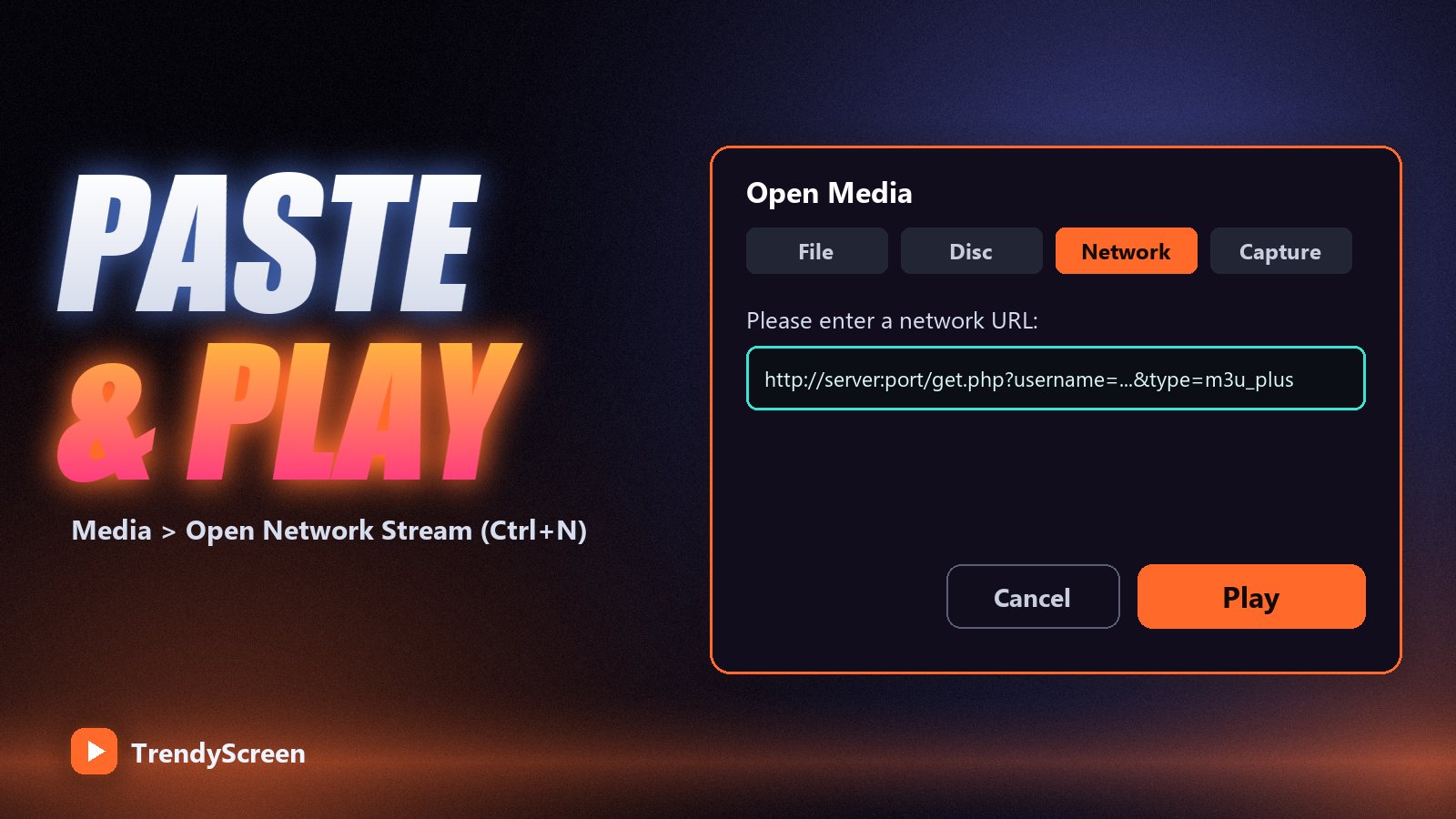 VLC Open Network Stream dialog with an IPTV M3U link pasted into the network URL field and a Play button